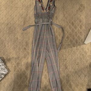 Stylish Plaid Jumpsuit - Black and White